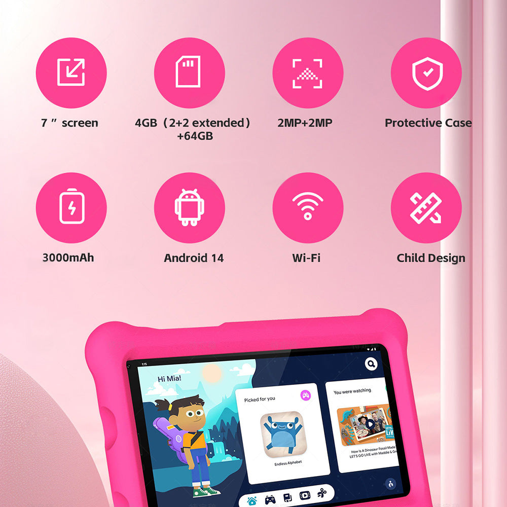 G-tab T7Pro Kids Tablet  7 Inch 1024&600 IPS Screen  Android 14  1.5GHz Quad-core CPU  4GB RAM 2GB &2GB Expansion 64GB ROM 2.4&5GHz WiFi  3000mAh Battery  2MP&2MP Camera-Pink